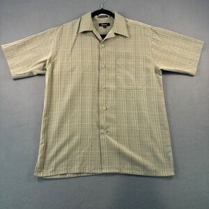 Damante Mens Short Sleeve Button Down Shirt Plaid Olive Green Tan Size Medium